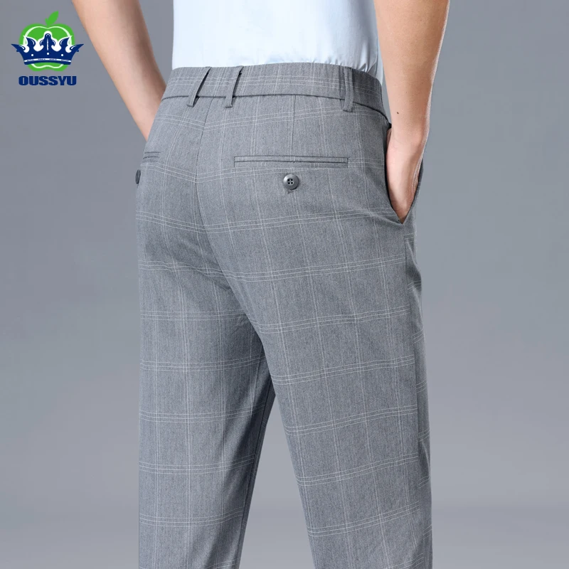 Ropa de marca, pantalones a cuadros clásicos de verano de alta calidad para hombre, pantalones elásticos de trabajo para negocios, pantalones formales informales para fiesta, color gris y negro, talla 38