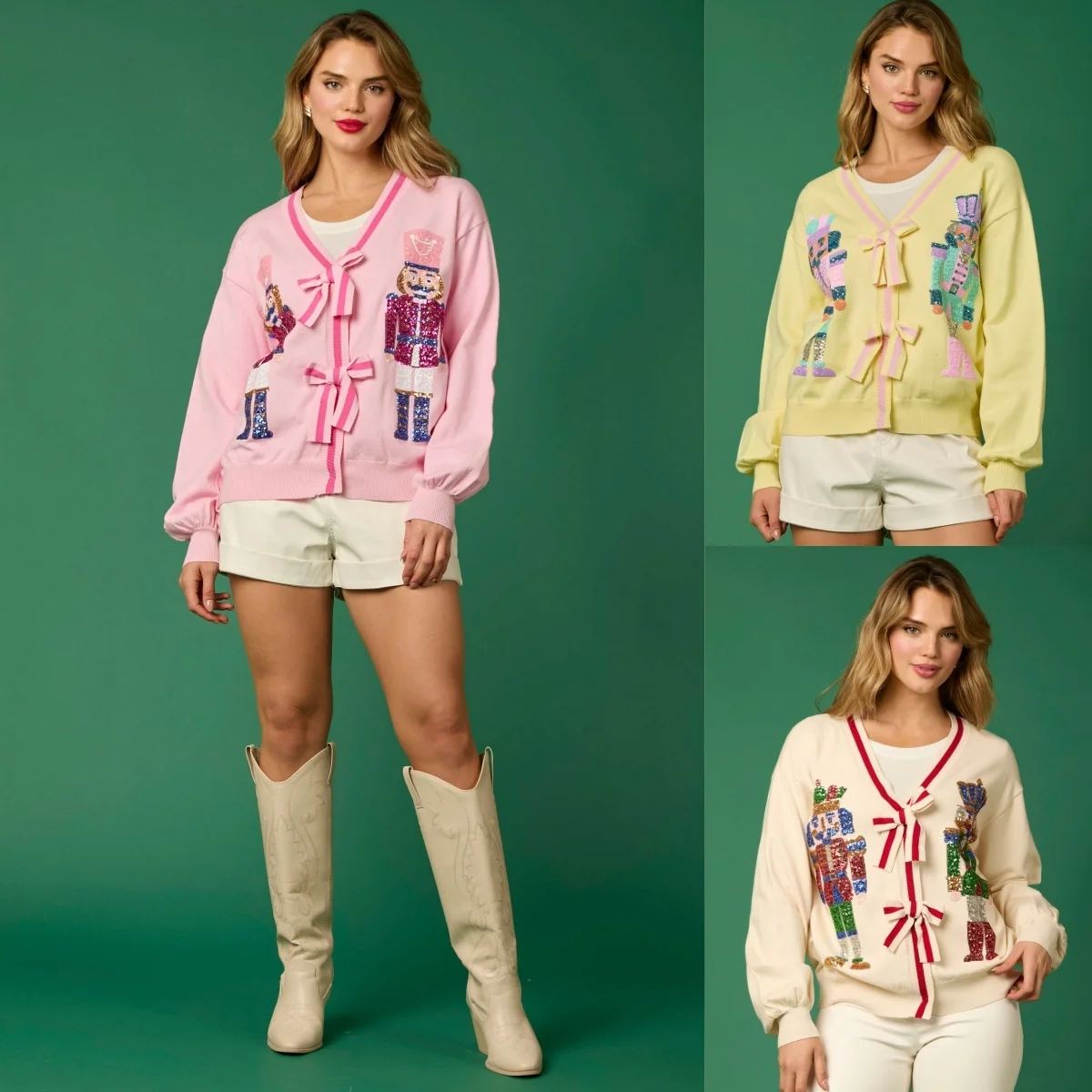 V-Neck Women's Christmas Pullover Tops Sweet Sequined Thin Versatile Top Long Sleeve Sweater Nutcracker Long Cardigan For Girl