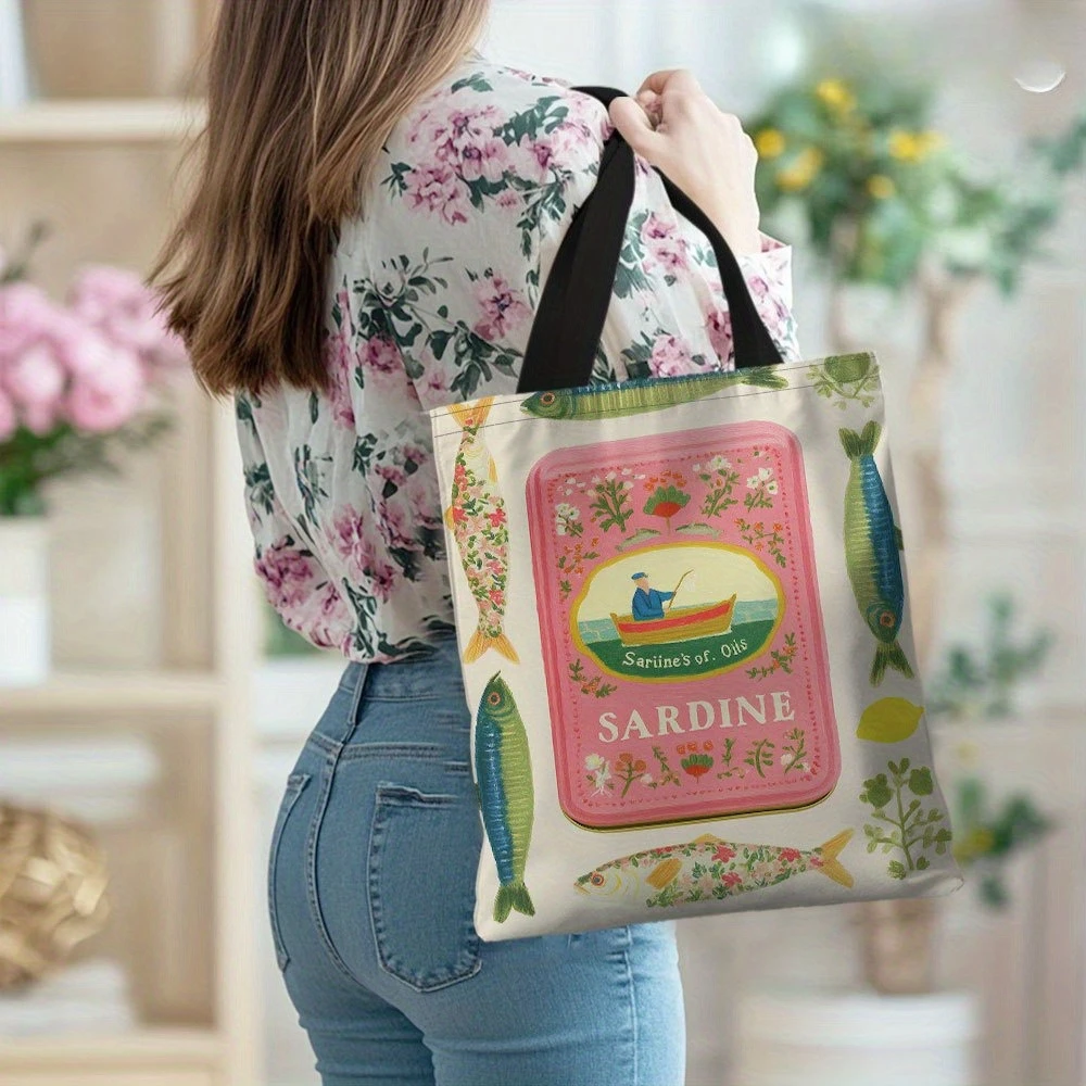 1개의 다채로운 정어리 틴 아트워크 토트백, 넉넉하고 가벼운 생기 넘치는 물고기 & 꽃무늬 디자인 여성용 쇼핑백 토트백