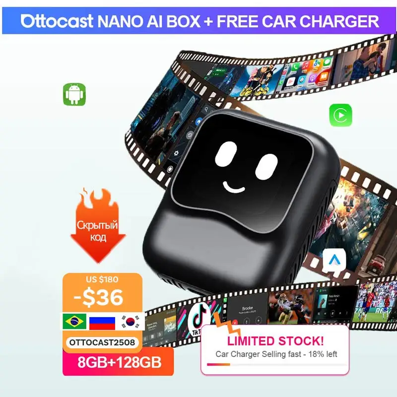 

Ottocast Nano Wireless CarPlay Android Auto Adapter 8 Core AI TV Android 13 For Volvo Passat Wired CarPlay Car Or Mini Express