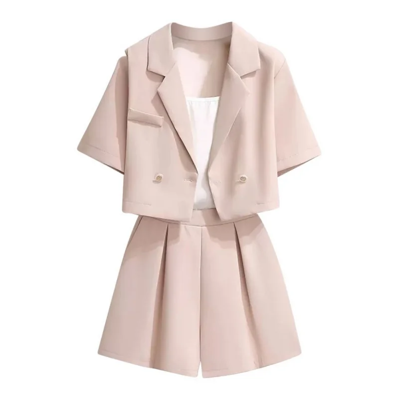 Two-piece Set Women Summer Square Shoulder Short-sleeved Short Blazer Top Loose Wide-legged Shorts Set