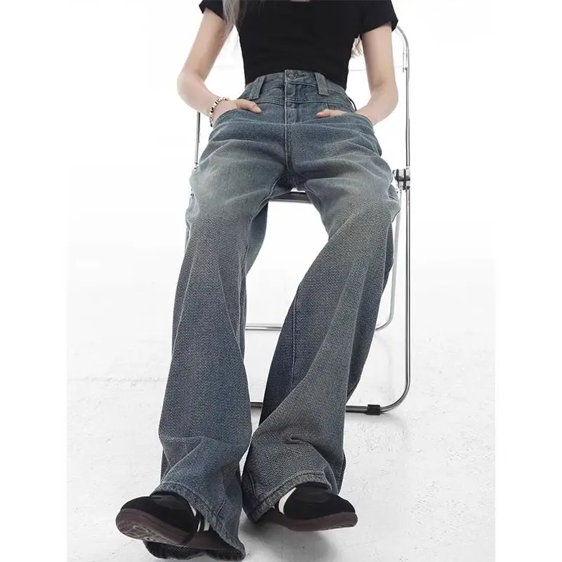 กางเกงยีนส์ผู้หญิงลายดาวสไตล์อเมริกันย้อนยุค ทรงตรงหลวม ช่วยพรางหุ่น สำหรับฤดูใบไม้ผลิและฤดูใบไม้ร่วง รุ่น Fce Lined Thiened