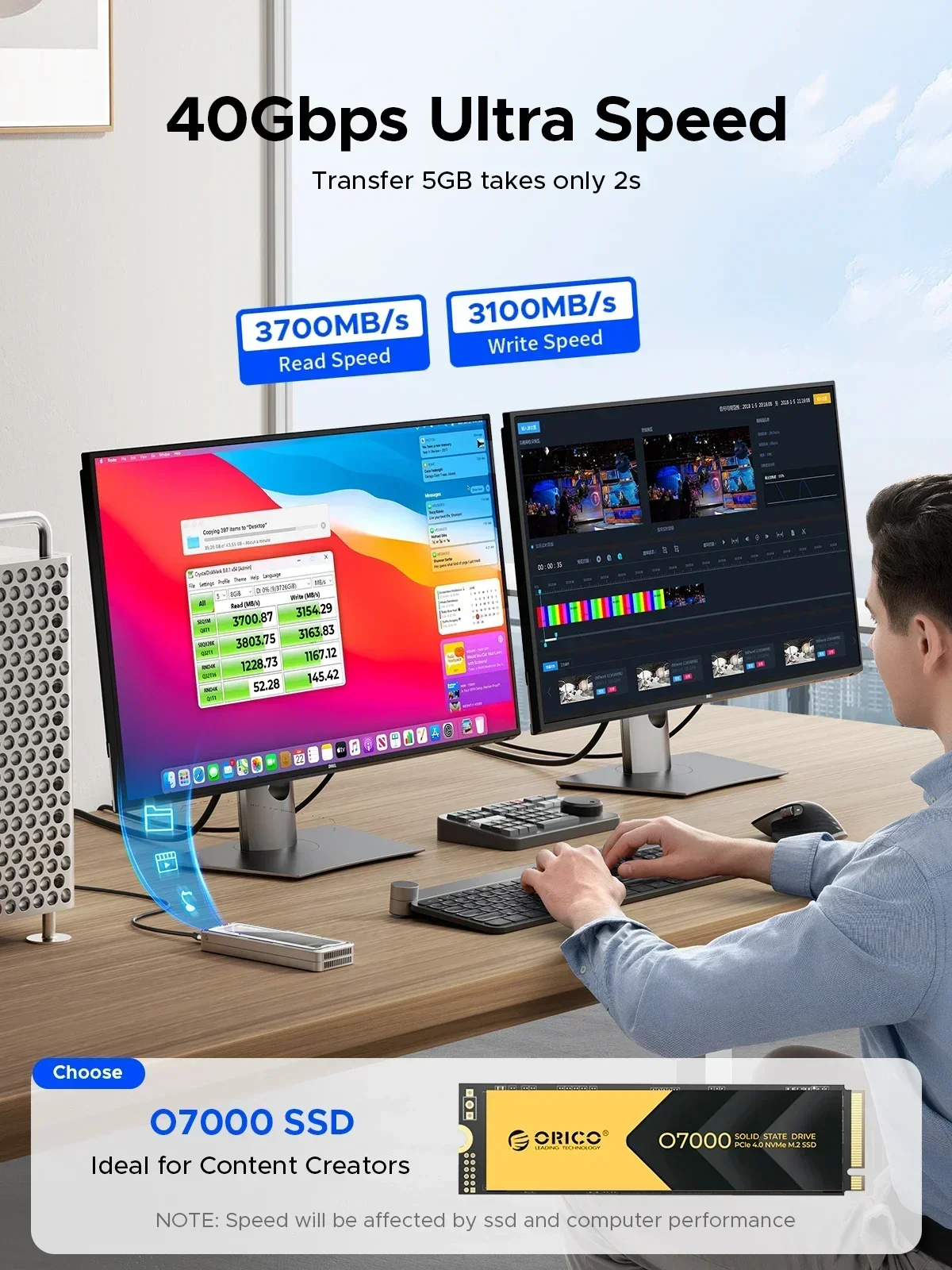 ORICO USB4.0 M.2 SSD Enclosure 40Gbps 8TB Aluminum with Cooling Fan PCIe4.0 NVME Case Type C Compatible Thunderbolt 3/4