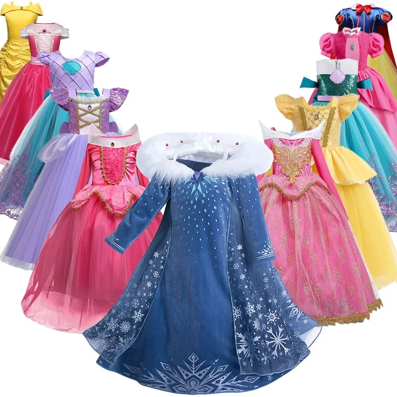 Fantasy Elsa/Belle/Peach Princess Dress for Girls Movie Performace Cosplay Costumes Kids Birthday Easter Carnival Party Dress Up