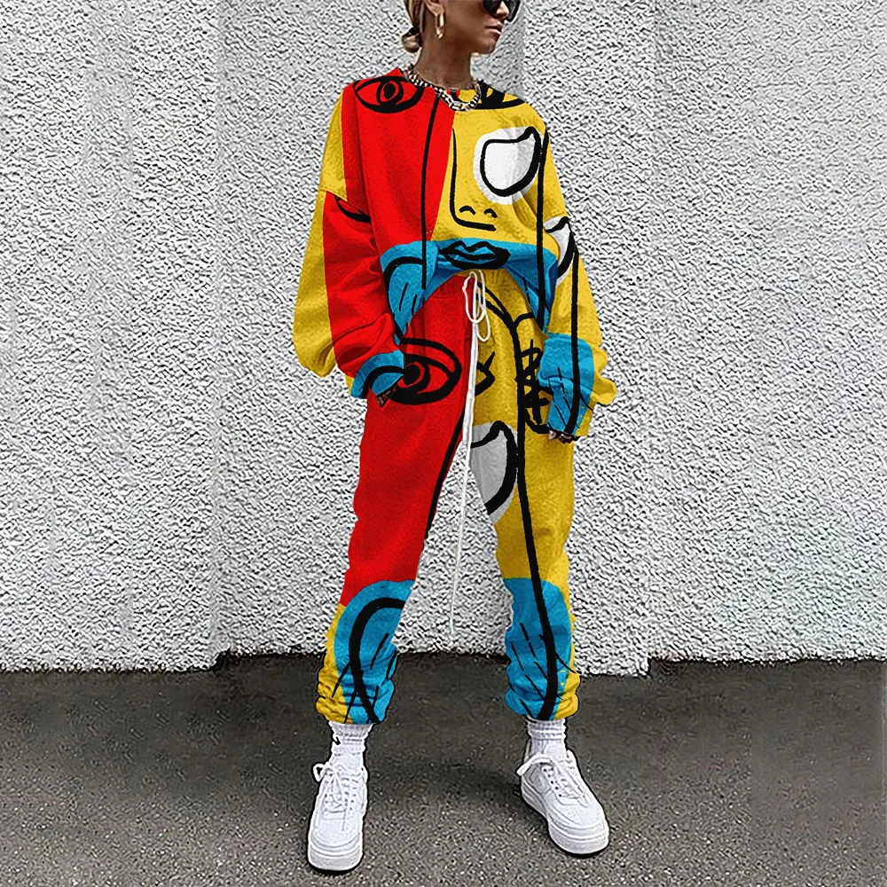 Sweat-shirt à manches longues pour femmes, imprimé à carreaux violets, pull et pantalon, vêtements de sport décontractés, printemps-automne