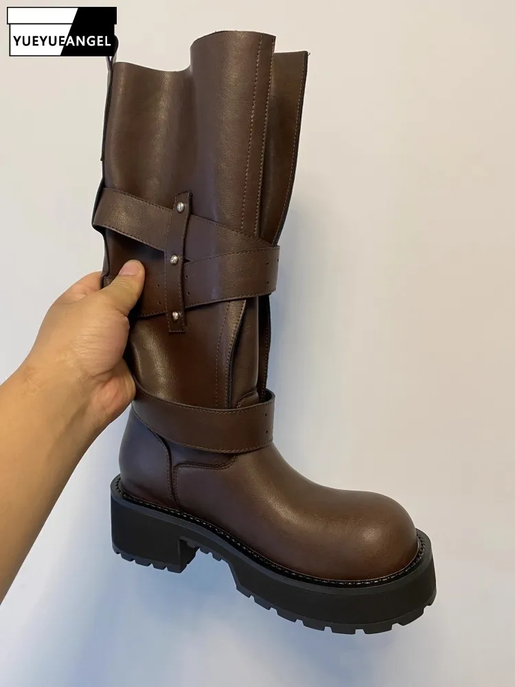 Punk Stil Frauen High Top Dicke Plattform Motorrad Reiten Schuhe Neue Vintage Kuh Split Leder Schnalle Cross Strap Ritter Stiefel