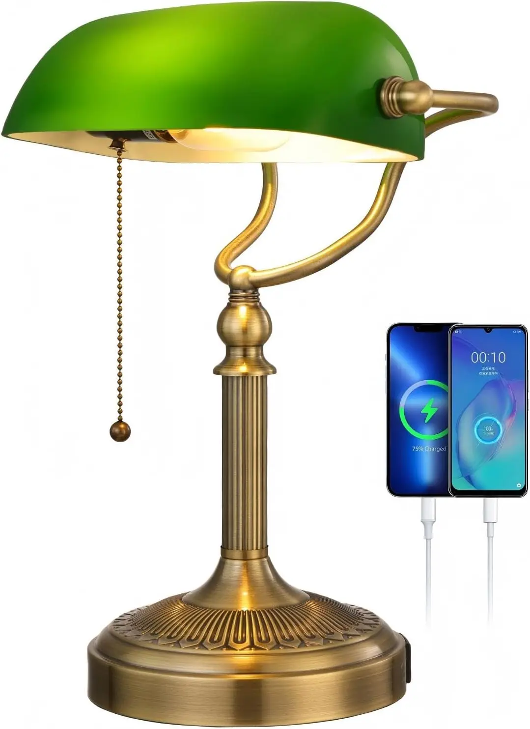 

Green Glass Banker's Desk Lamp with Pull Chain Switch, USB Fast Charging Port for Home Office