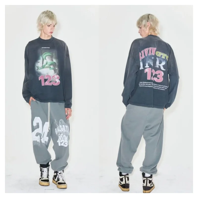 

New Men's Women's High Street 25SS Washed RRR123 RIVINGTON roi Rebis Printed Winter Vintage Long-Sleeved Crew Neck T-Shirt