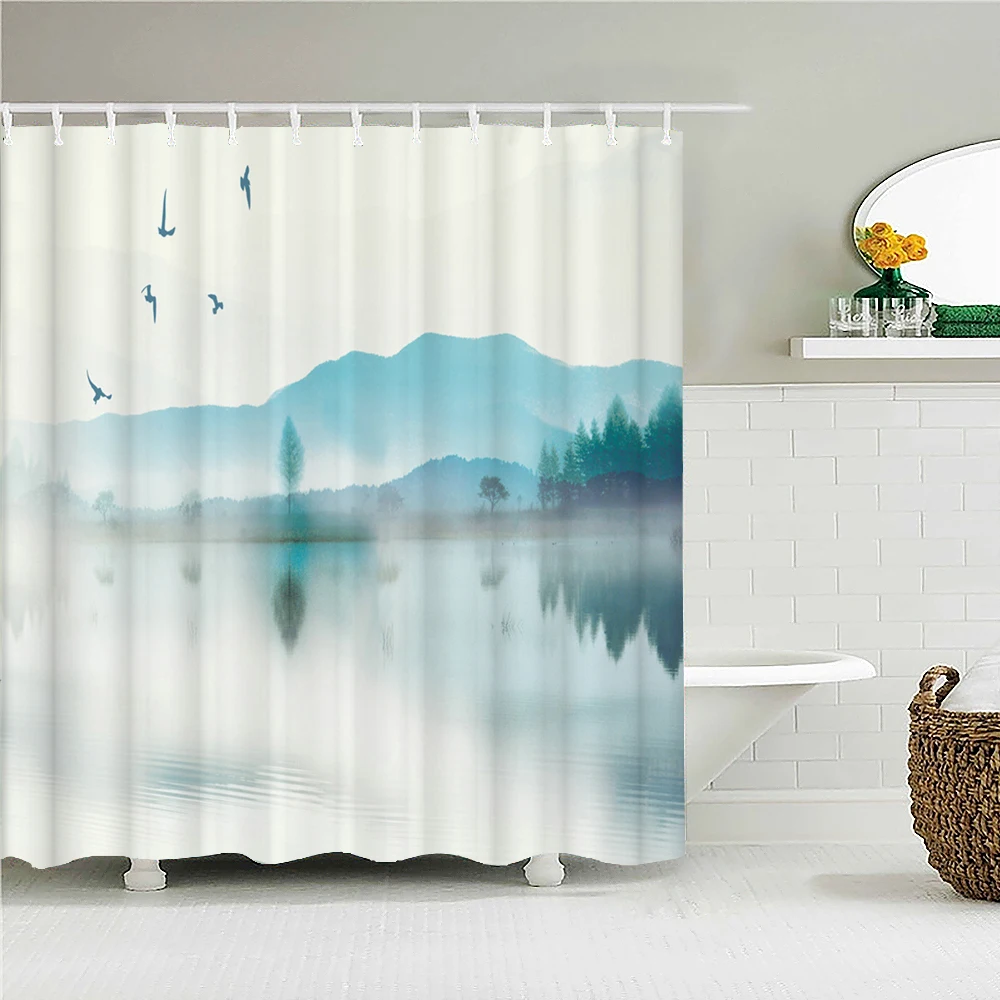 

Высококачественная занавеска для душа с принтом в китайском стиле, чернильный пейзаж, водонепроницаемые занавески для ванной комнаты, декор, полиэфирная ткань с крючками