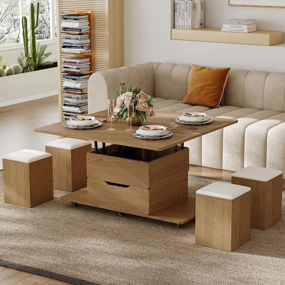 

Natural Wood Coffee Table with Hidden Storage, 3-in-1 Multi-Function Center Table with 4 Stools and Wheels
