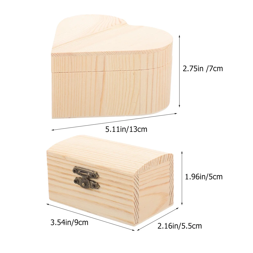 2Pcs Unfinished Wooden Box DIY Unpainted Storage Organizer Heart Shape Rectangular Jewelry Keepsake Craft Small Storage Box