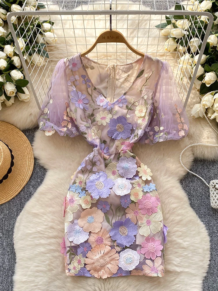 

Summer Dopamine French Mesh Mini Dress Women Fashionable Elegant Sexy Embroidered Short Sleeved Birthday Party Mini Dress S70