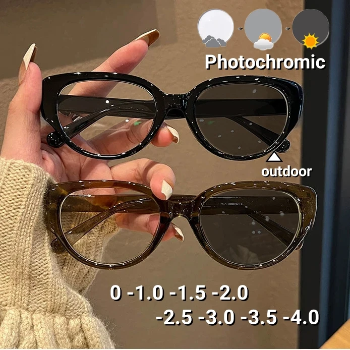 

Retro Cat Eye Korean Photochromic Myopia Glasses Fashionable Anti Blue Light Near Sight Glasses Ultra Light Unisex Eyewear