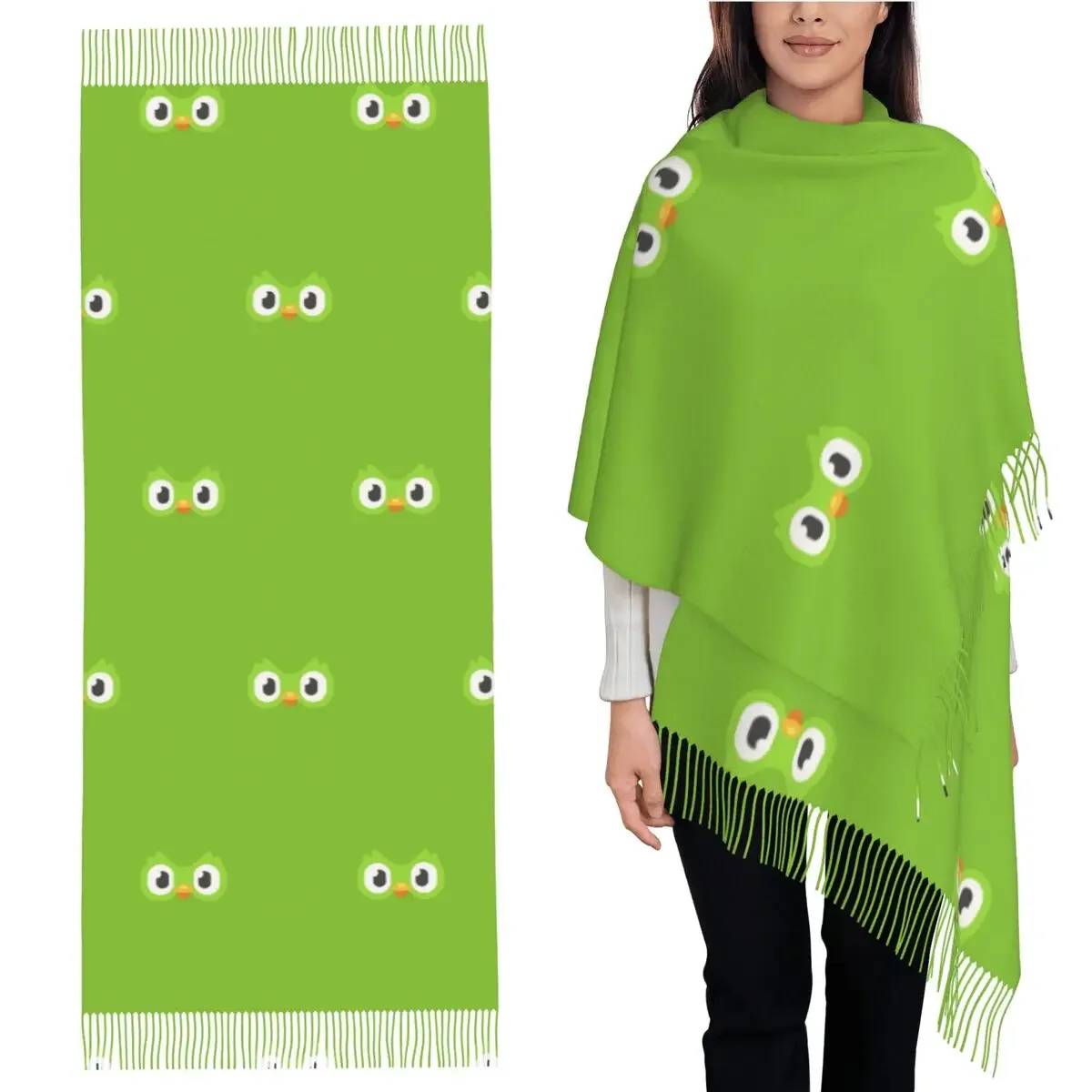 

Шарф Duolingo Owl Duo 2, шарфы с кисточками для женщин, мягкие теплые шали и накидки, большая осенне-зимняя шаль