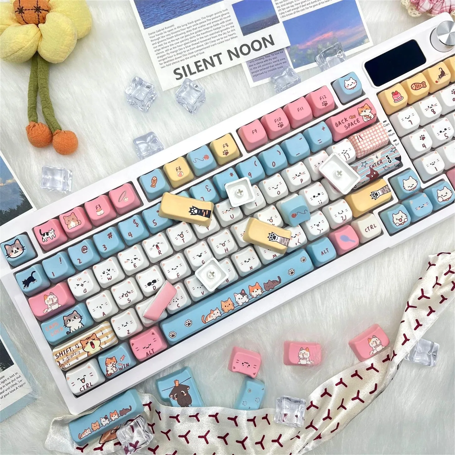 

Cute Cat Theme PBT Keycaps 129 Keys MAO Profile Compatible with 61/68/75/87/98/108 Mechanical Keyboard MX Switches