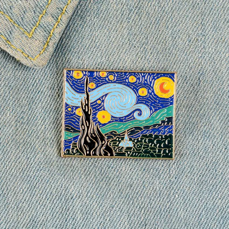 The Starry Night Enamel Pin Custom Van Gogh Oil Painting Brooch for Shirt Lapel Bag Art Badge Artist Jewelry Gift for Friends