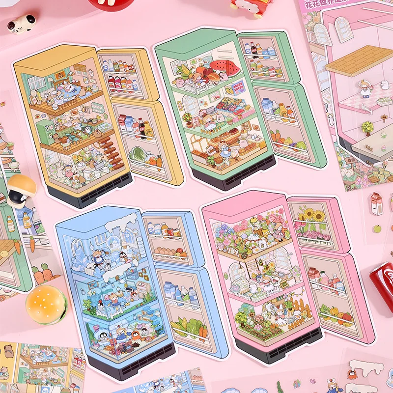 4 Stück Kartenliebhaber-Aufkleber [Überraschungs-Kühlschrank-Serie] 3D-Landschaftsaufkleber Unterwasserwelt Sommer-Standmotiv Niedliche Journaling- und Scrapbooking-Sticker