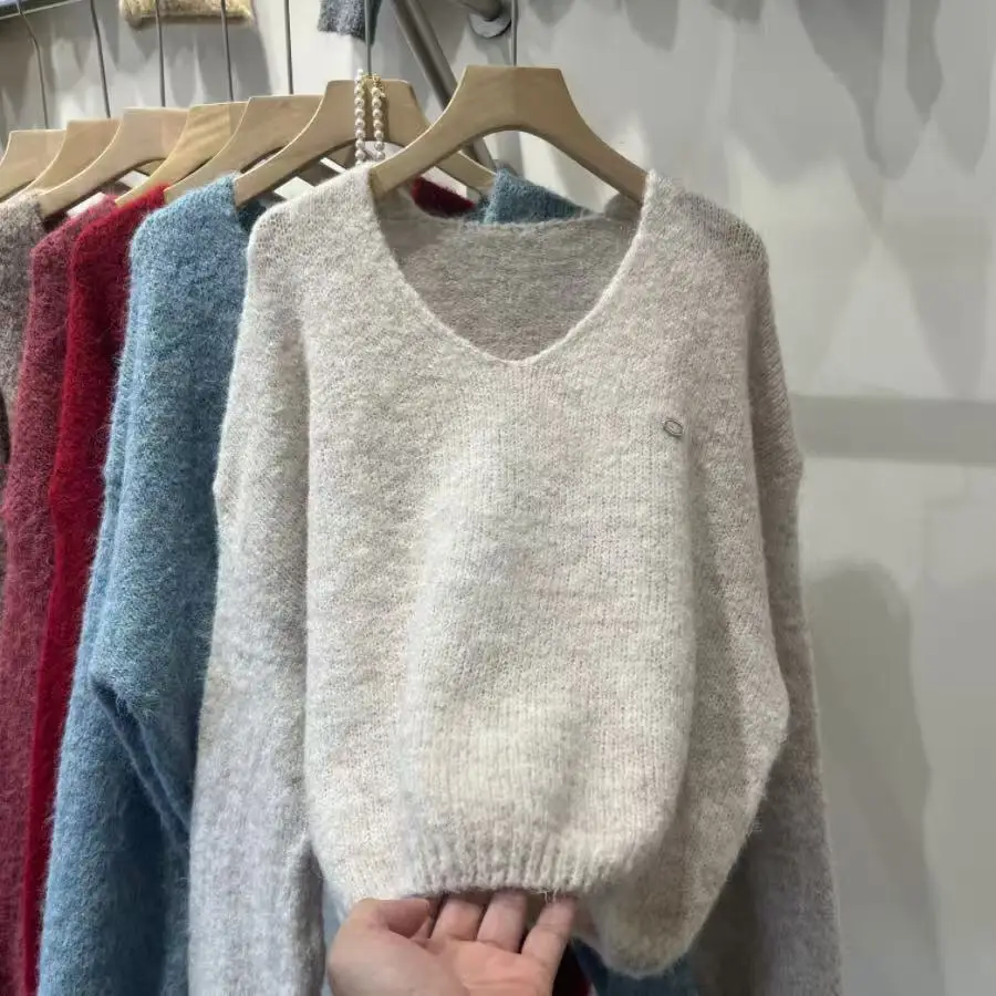 

Korean Sle Soft V-Ne Pullover Knitted ort Sweater Women Loose Slimming Autumn Winter New Arrival Cotton Fabric Long Sve