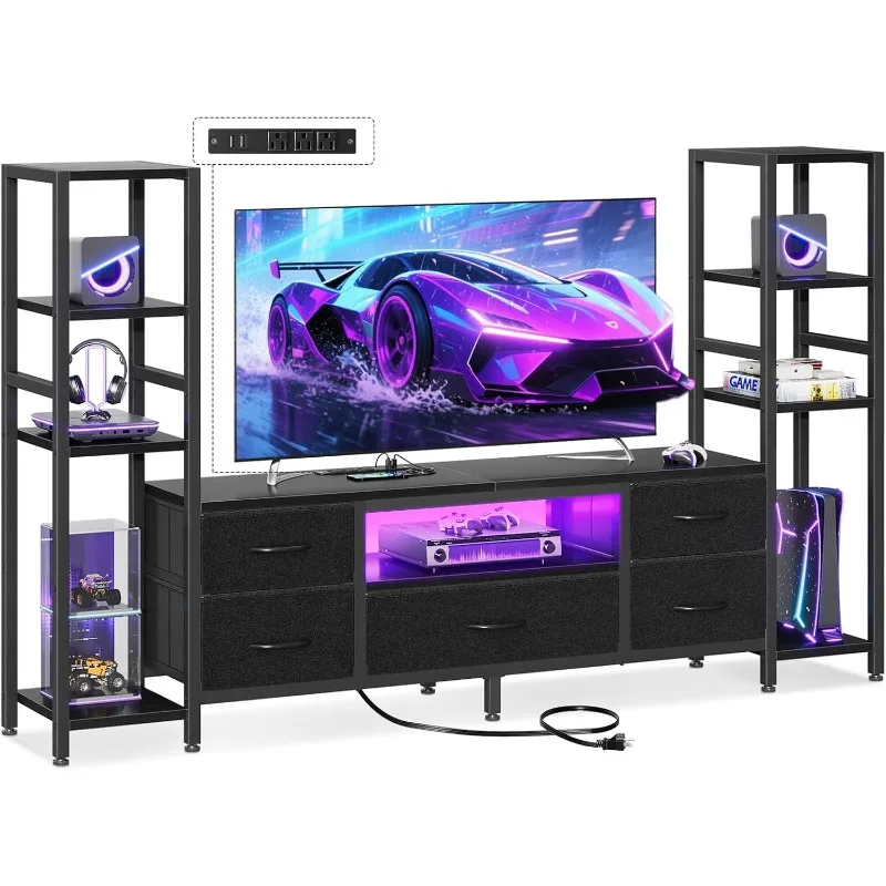 71" TV Stands for 43, 50, 55 Inch TV Entertainment Center with LED Lights and Power Outlets, TV Stand for Living Room