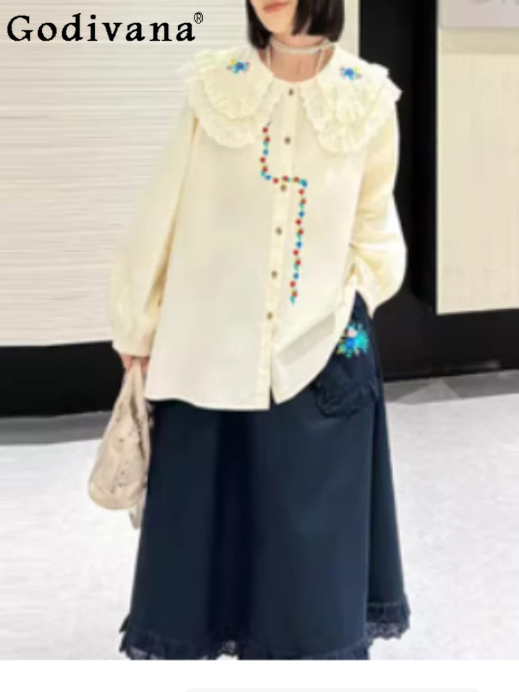 

Женская рубашка большого размера с изысканной вышивкой и кружевом с воротником «Питер Пэн», весна-осень, универсальные свободные корейские рубашки во французском стиле с длинными рукавами