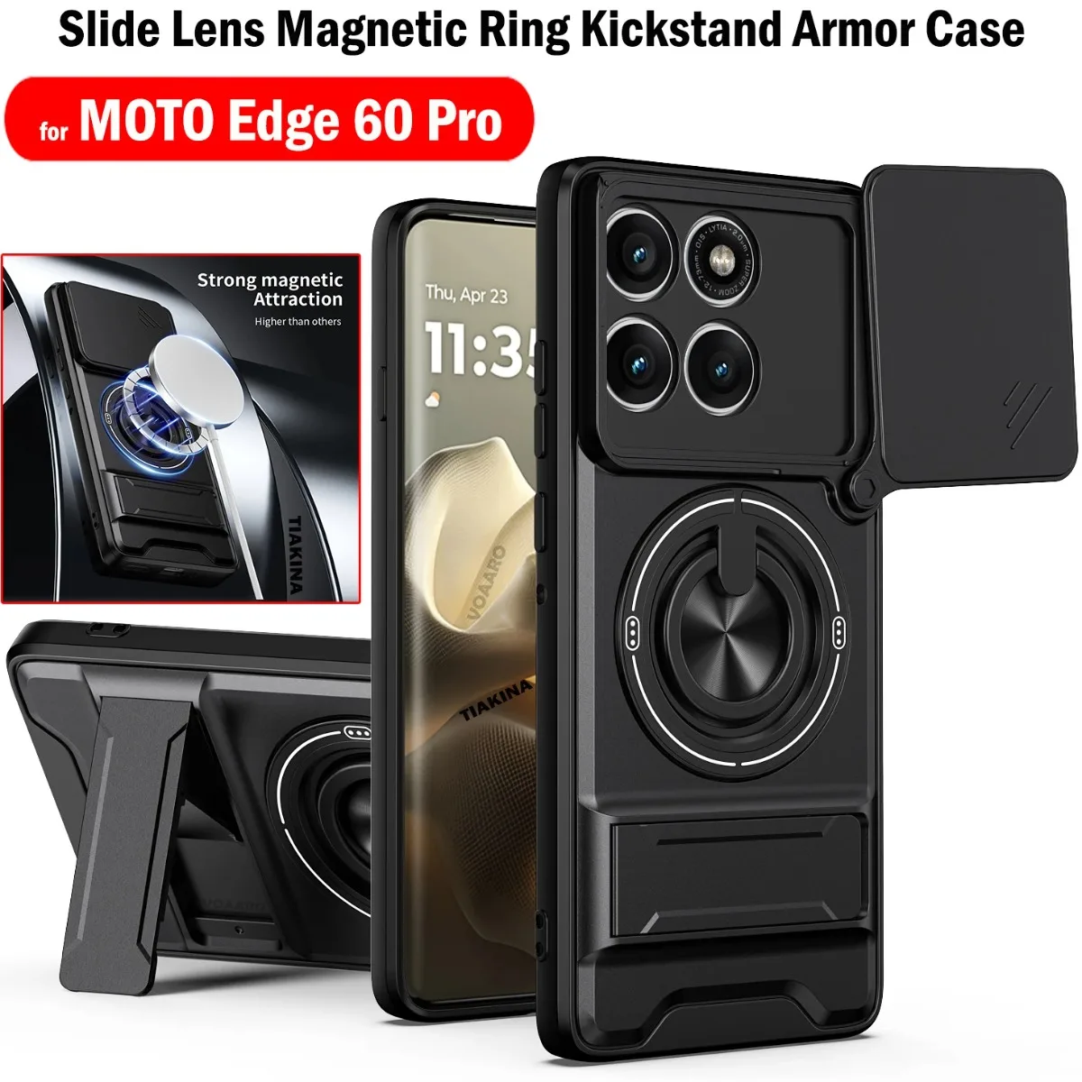 Funda con Lente Deslizante Giratoria para Motorola Moto edge 60 Pro, Carcasa con Anillo Magnético para Moto edge 60 Pro 5G, Funda Protectora con Soporte