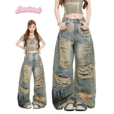 

High Street Hottie Vintage Hole Jeans Women Y2k Fashion High Waist Baggy Wide Leg Pants 2026 Casual Loose Jeans