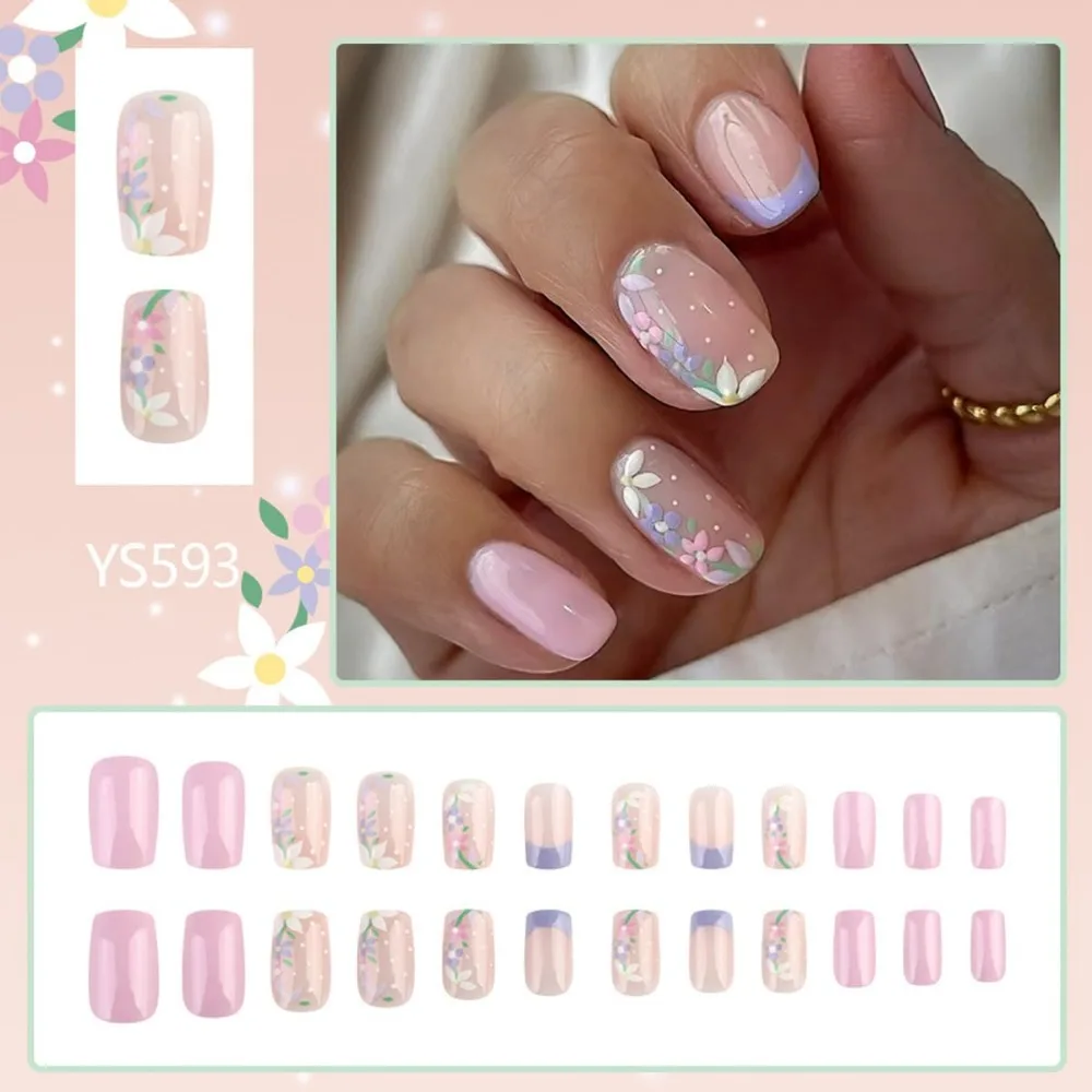 24pcs Square Shape Short French Light Blue Floral Stick-On Nails for Women Spring Summer Manicure