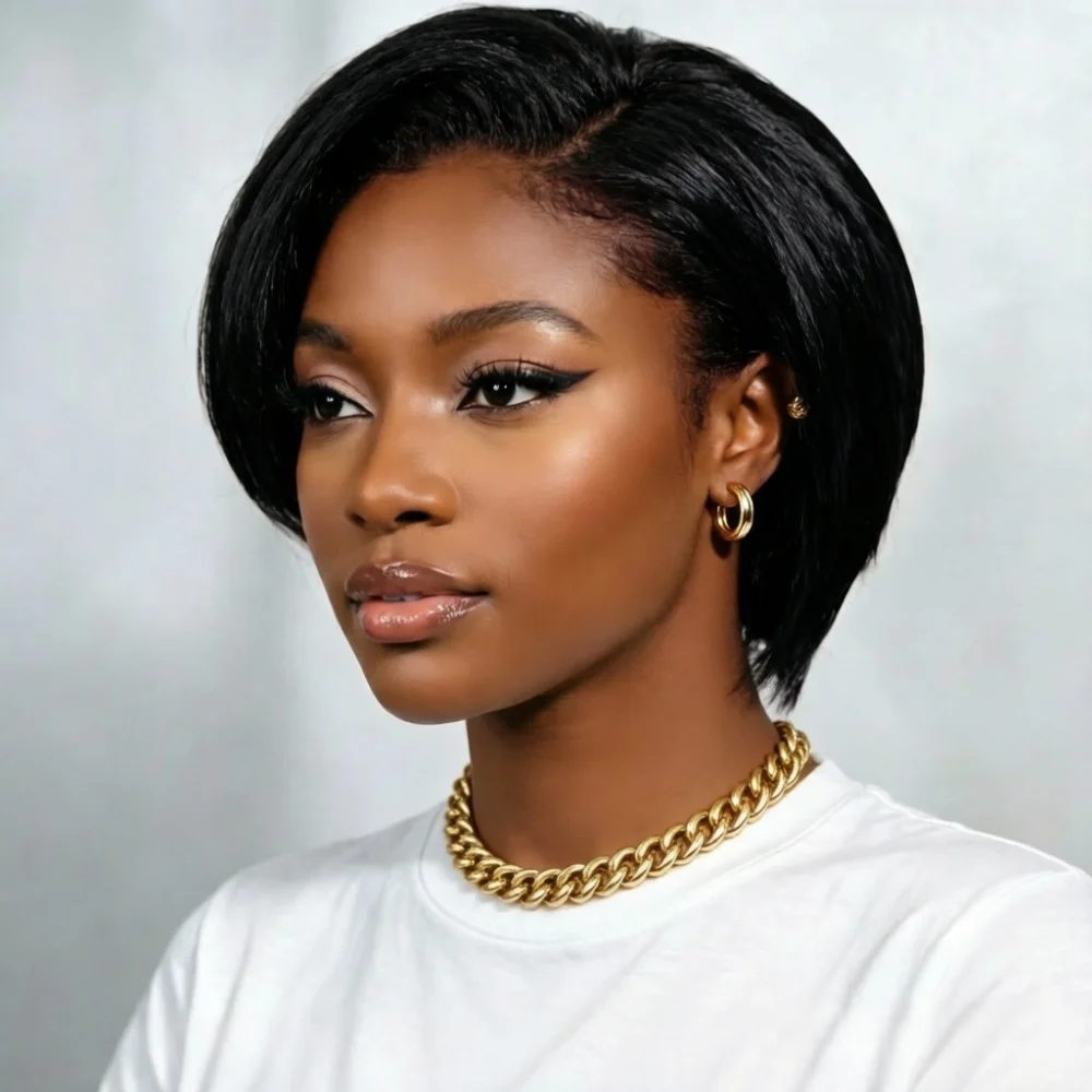 13x4 Lace Front Short Straight Bob Human Hair Wig180% Density Side Part Sleek Wigs For Women