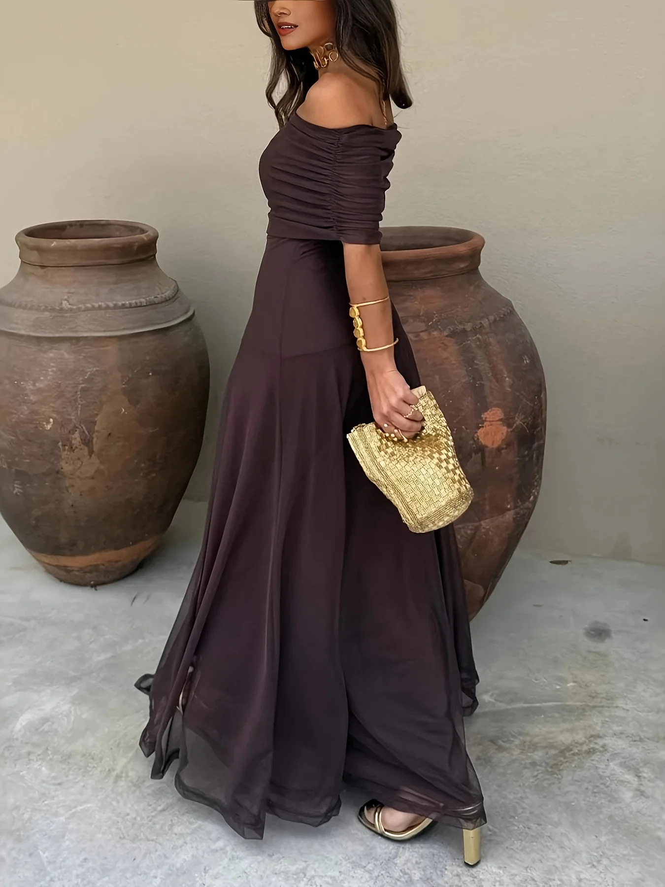 Women Mesh Maxi Dress Off Shoulder Fold Over Tube Top Ruched Waist Flowy A Line Floor Length Resort Wedding Guest  Evening Gown