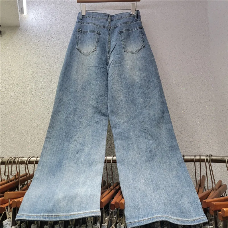 HKSH 2026 Spring New Women Jeans Hollow Out Studded Diamonds Elegant Versatile Trend Wide Leg Slimming Retro Denim Pants HK19098