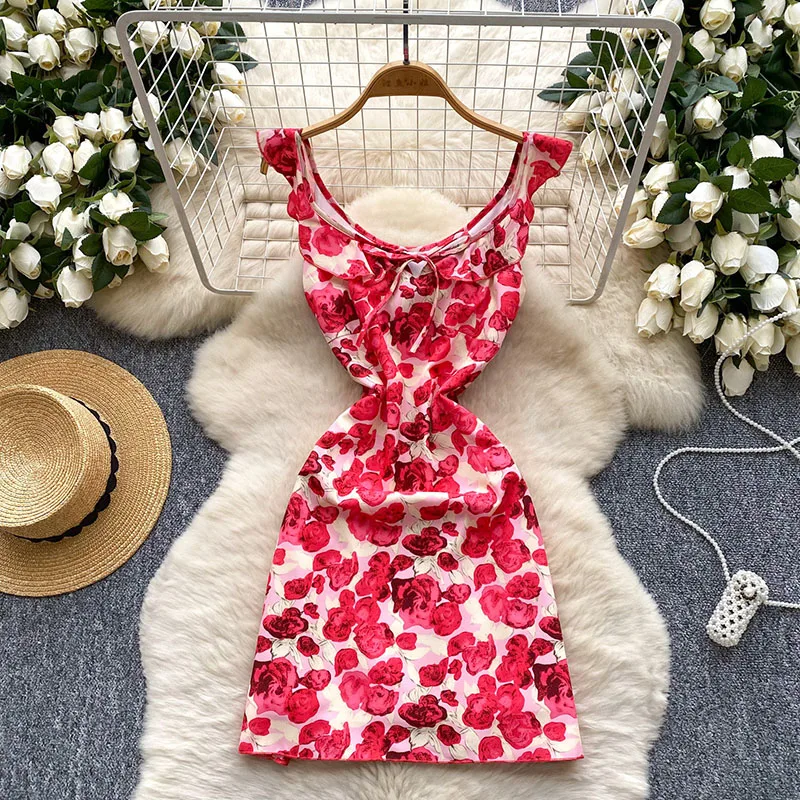 

Новое модное летнее красное мини-платье без рукавов с цветочным принтом, с оборками, облегающее, сексуальное, S413