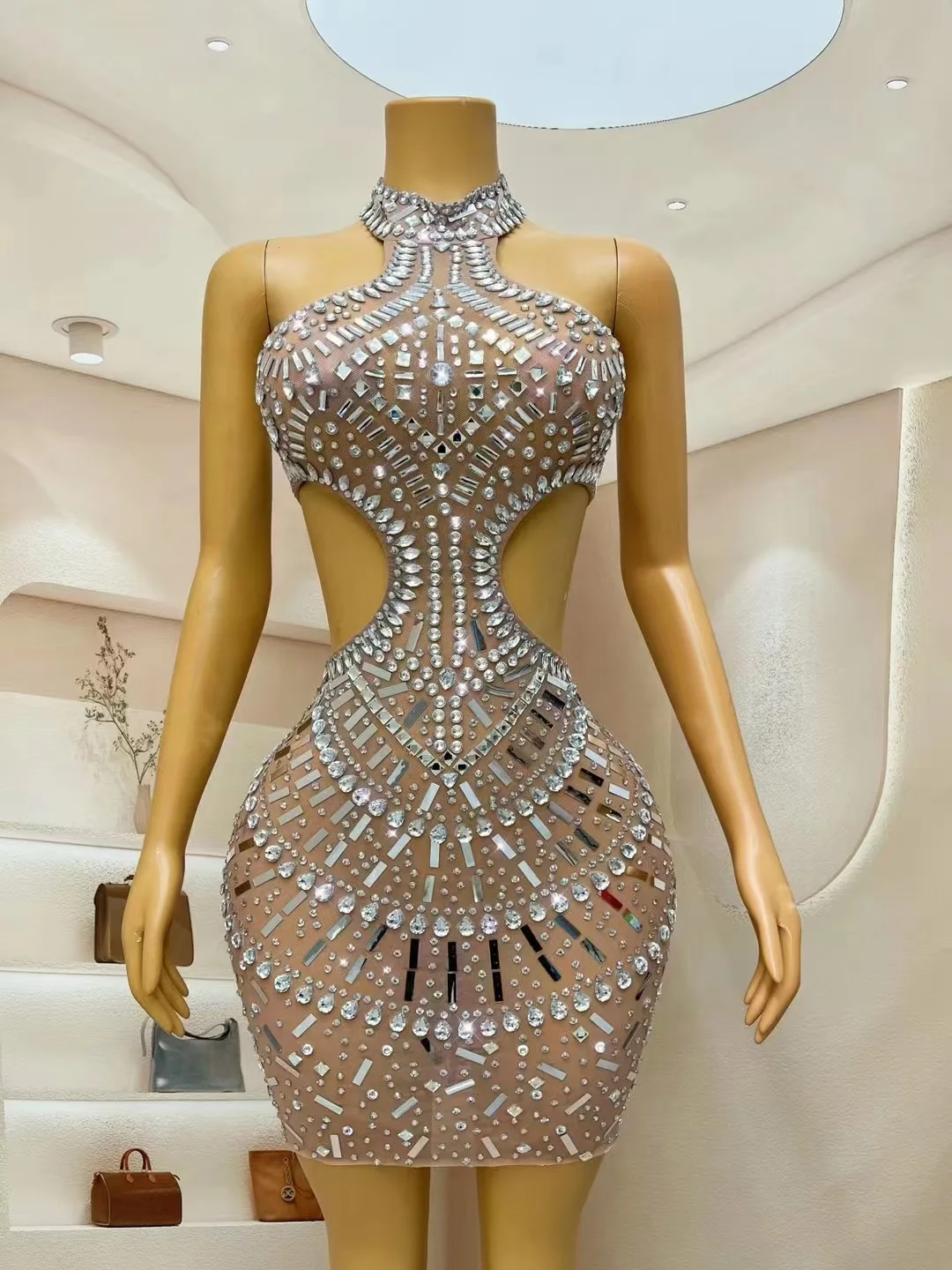 Sexy Bühne Silber Strass Pailletten Rückenfreies Hohl Kleid Geburtstag Feiern Outfit Abend Bühne Leistung Tänzerin Kostüm