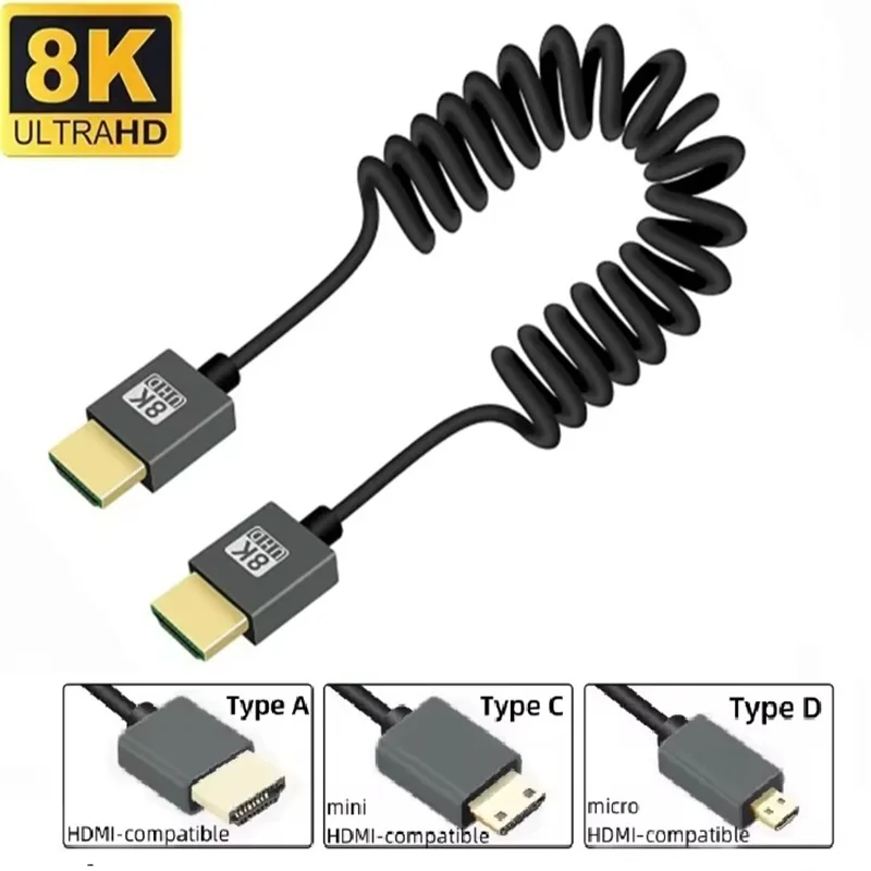 8K HDMI Cable Mini Micro HDMI to HDMI-compatible cable Mini HDMI Micro HDMI Coiled Cord for Laptop Camera DV Monitor Display