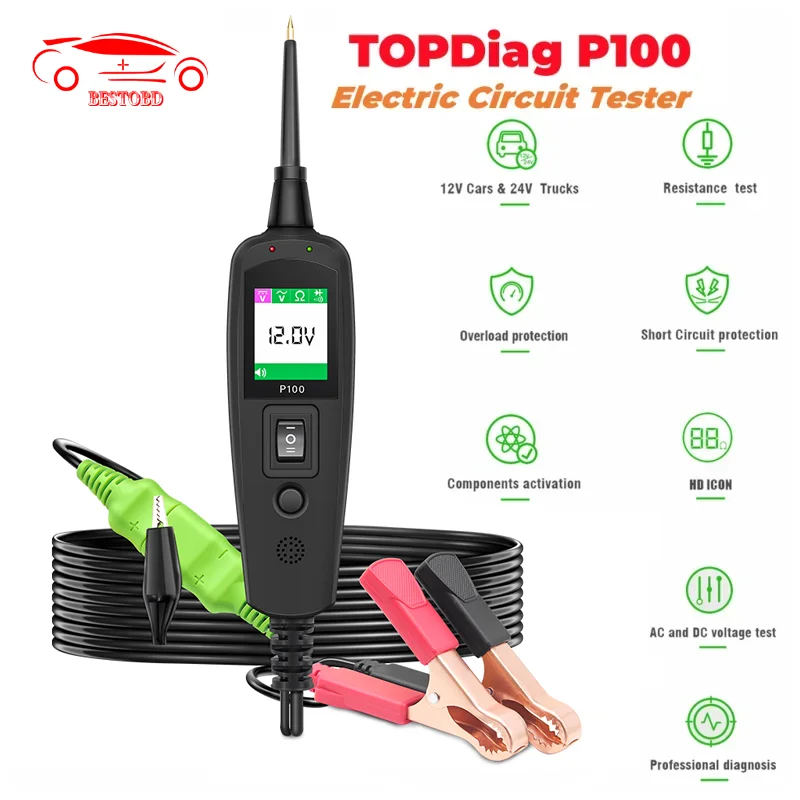 Topdiag p100 testador de circuito elétrico varredura de energia obd2 testador de bateria obd ferramentas de reparo de diagnóstico de carro