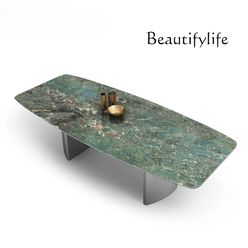 

Light Luxury Bright Stone Plate Dining Table Stainless Steel Feet Household Small Apartment Rectangular Dining Table