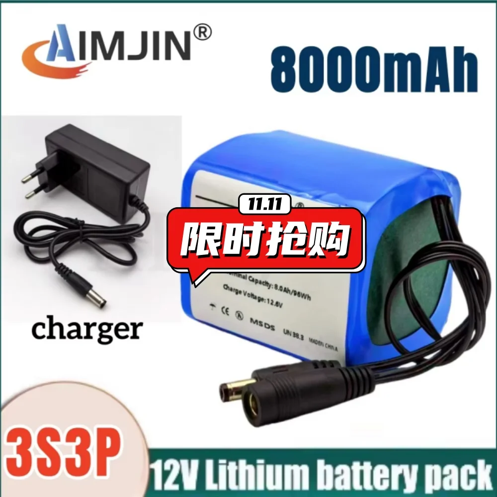 

12 В 8000 мАч 3S3P литиевый аккумулятор 18650 с зарядным устройством BMS 12,6 В аккумулятор большой емкости для электроники