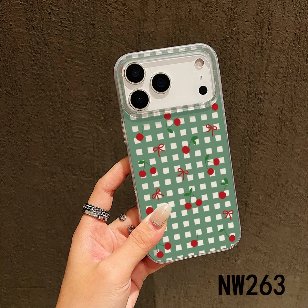 

Cute Korean Girl Bowknot Cherry Phone Case for iPhone 15 16 17promax 11 12 13 Pro X XS 7 8 Plus Silicone Grid Pattern Cover Y2k