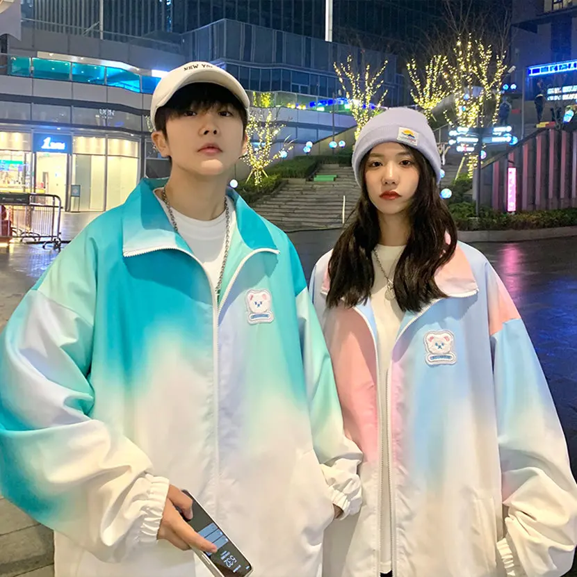 

adient Color Couple Outerwear Casual Loose Stand Collar Jaet Spring Autumn New Sle Hong Kong Sle Leisure Sports Coat