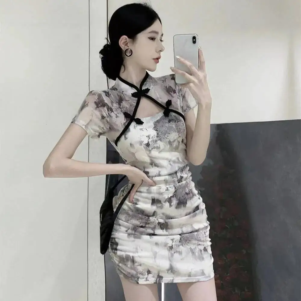 

Fashion Vintage Qipao Sexy Mini Dress Women Summer Thin Cheongsam Woman Clothes Elegant Club Ladies Dresses Bodycon Vestidos