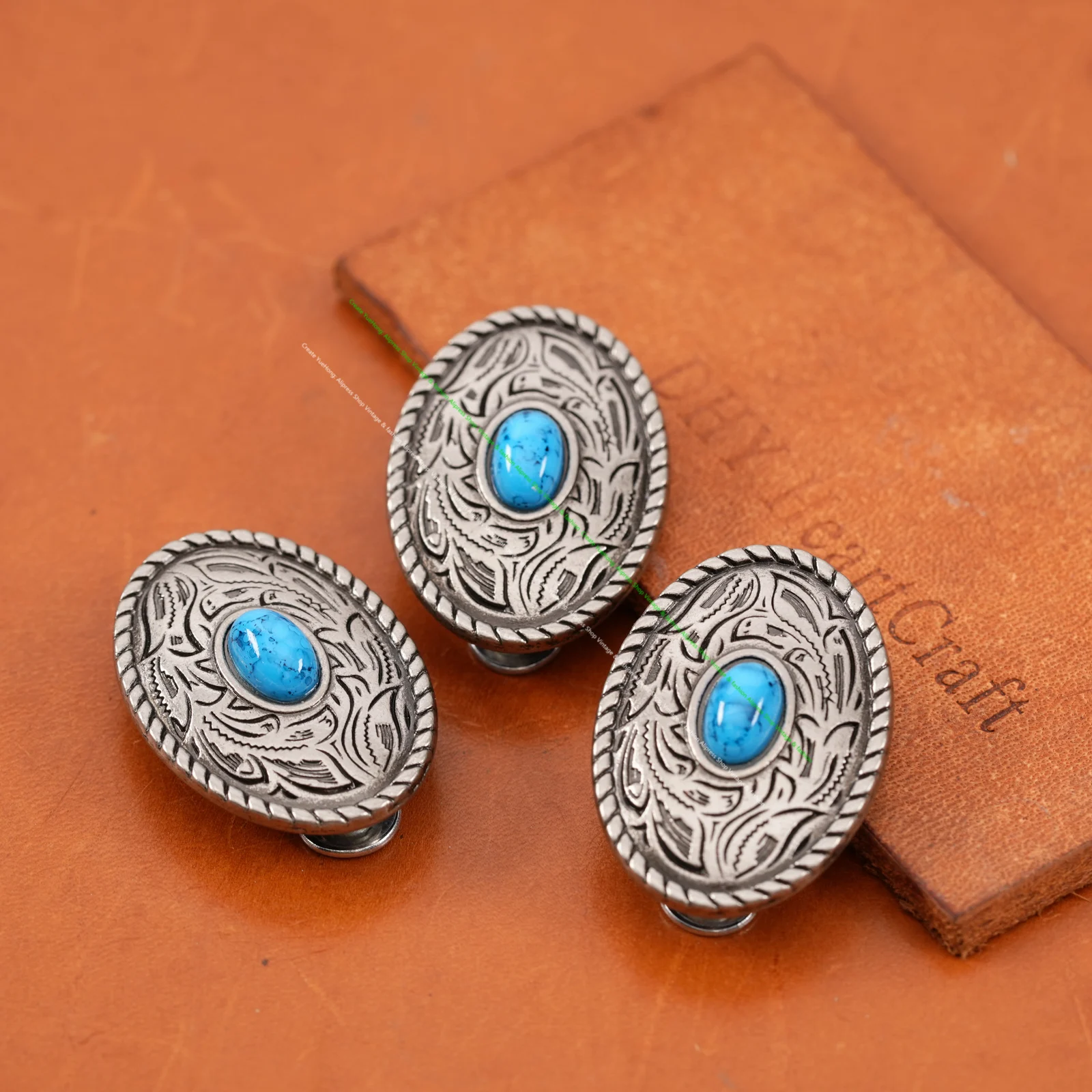 10X 35X25MM Western Antique Sliver Blue Turquoise Flower Engraved Saddle Tack Belt leathercraft Prairie Dust Oval Conchos