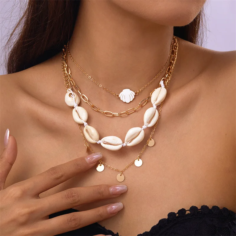 Trendy 3Pcs Shell Necklace Stack Gold Plated Baroque Pearl Starfish Layered Chain Beach Vacation Gift Set