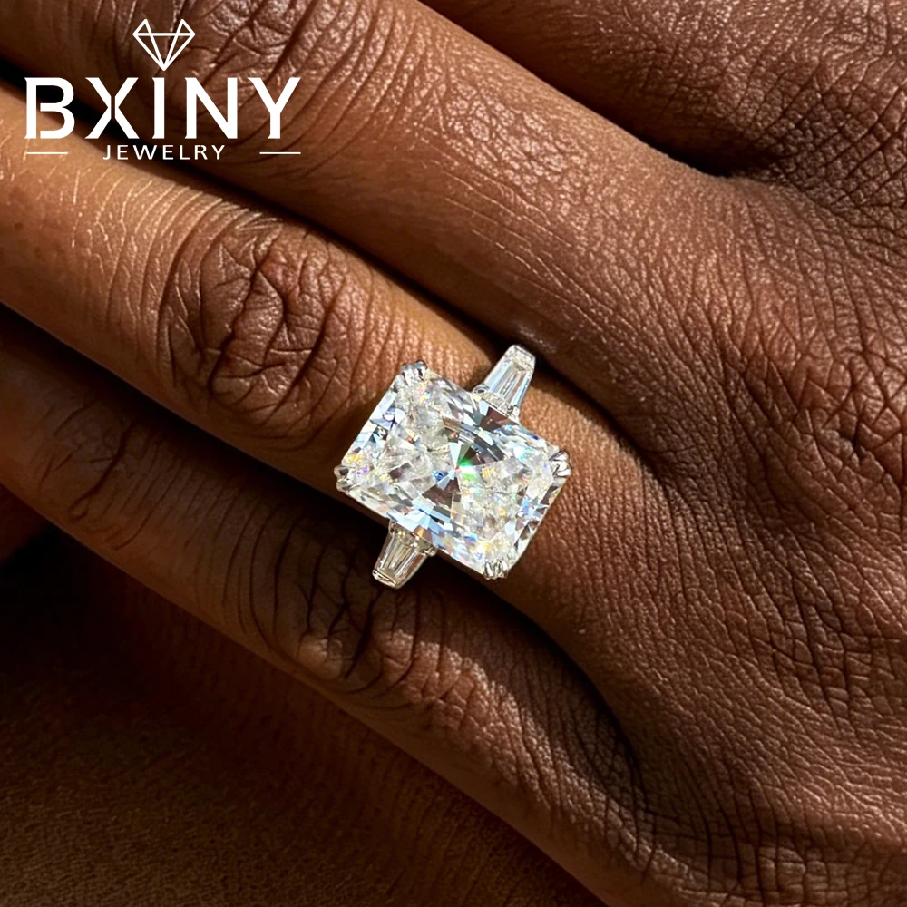 BXINY 3-Stone 4CT Radiant Cut All Moissanite Ring Pure S925 Silver with Tapered Baguette Diamond Wedding Band Fine Jewelry Gifts