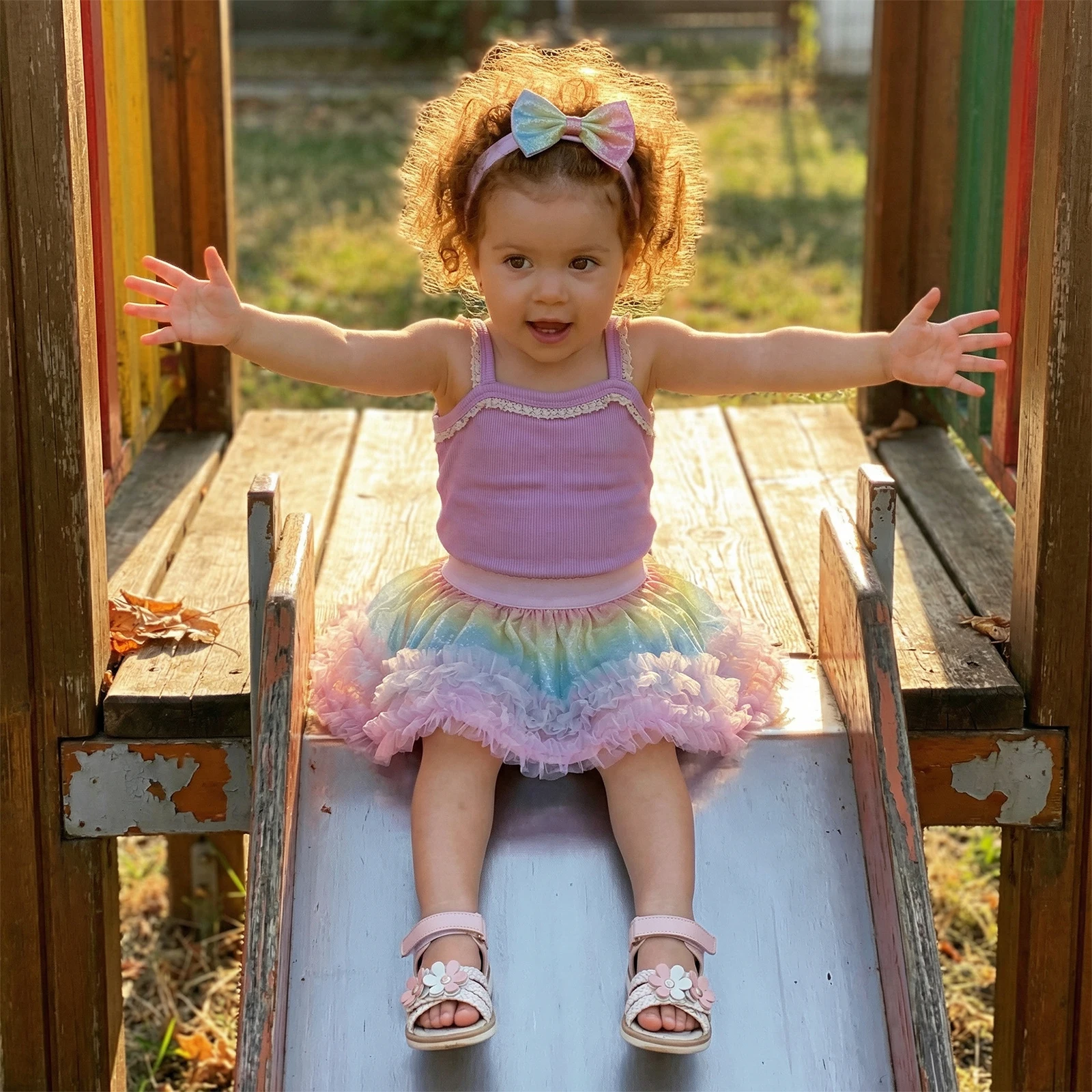 Baby Girls Summer Clothing Set Fashionable Cute Lace Trim Tank Tops with Gradient Skirt Headband 3Pcs Outfit