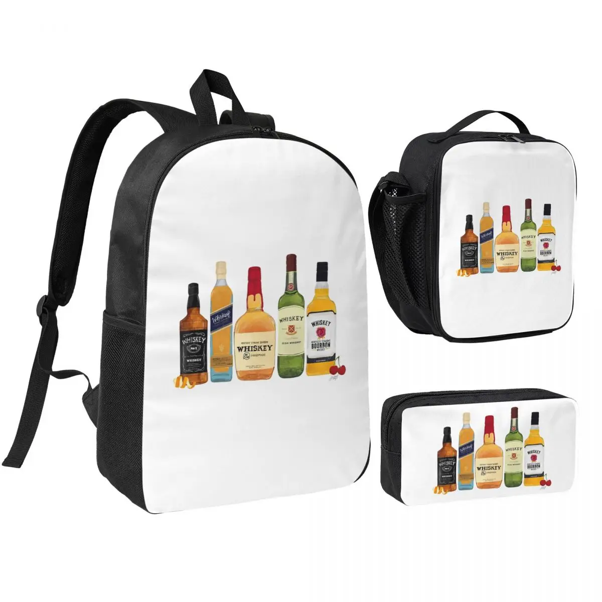 

Whiskey Bottles Illustration Backpack Boys Girls BookBag School Bag Laptop Shoulder Bags 3ps Insulated Lunch Bag Pencil Case