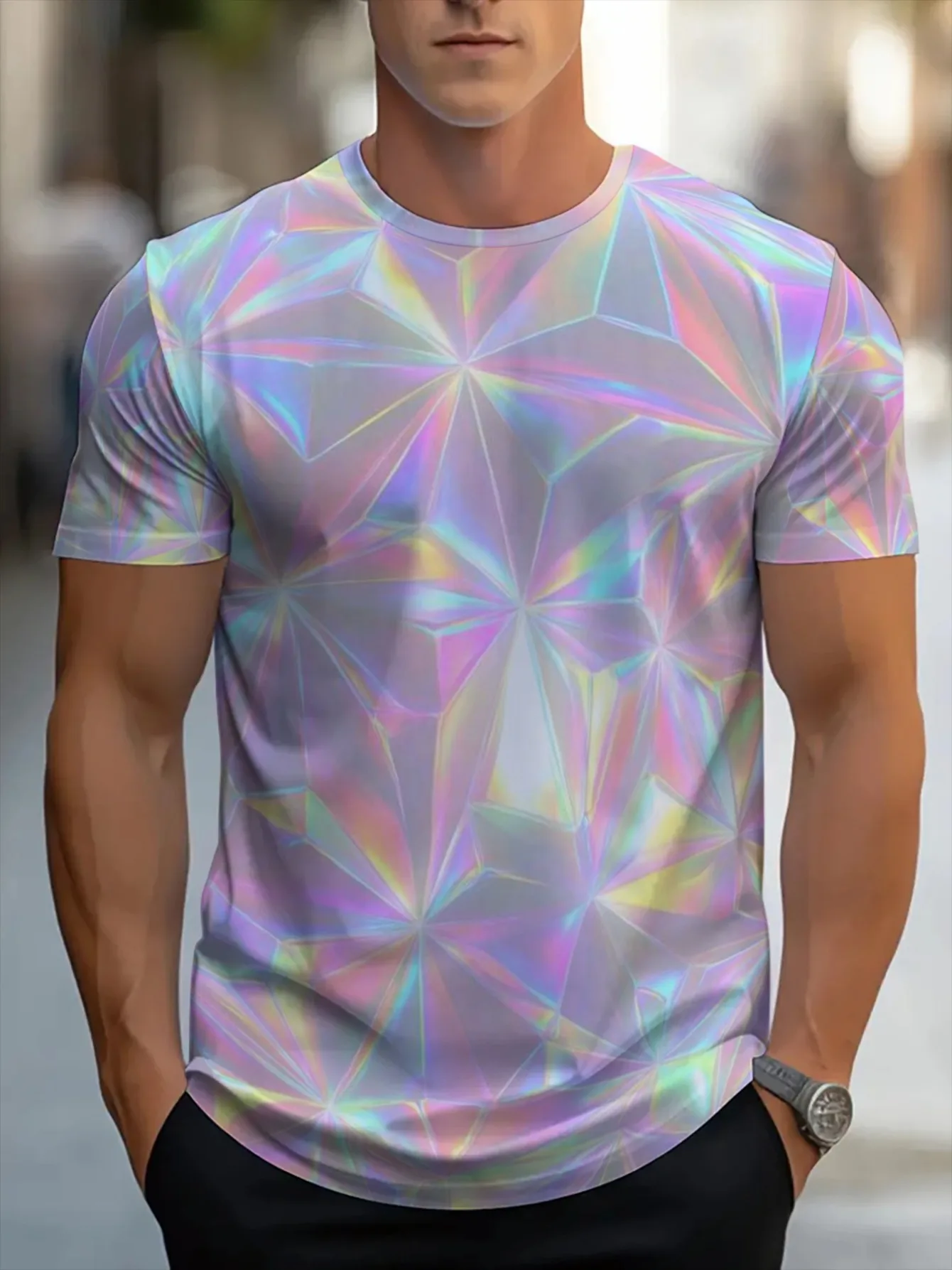 Men's T-Shirt Iridescent Crystal Geometric Print Round Neck Short Sleeve Fashion Street Design Loose Summer Daily Casual Tops
