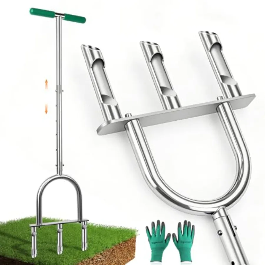 

Manual Lawn Aerator Tool with 3 Hollow Tines Adjustable Height Stainless Steel Core Aerator Heavy Duty Plug Aerator for Lawn So