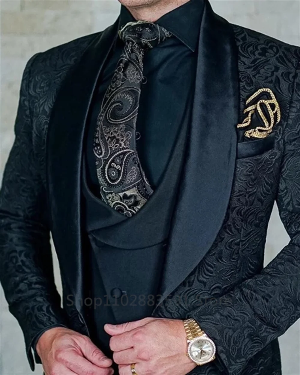 Smoking de fête de mariage en jacquard noir pour marié, olympiques pour hommes, gilet masculin, pantalon glacé, revers châle, coupe couvertes, 3 pièces