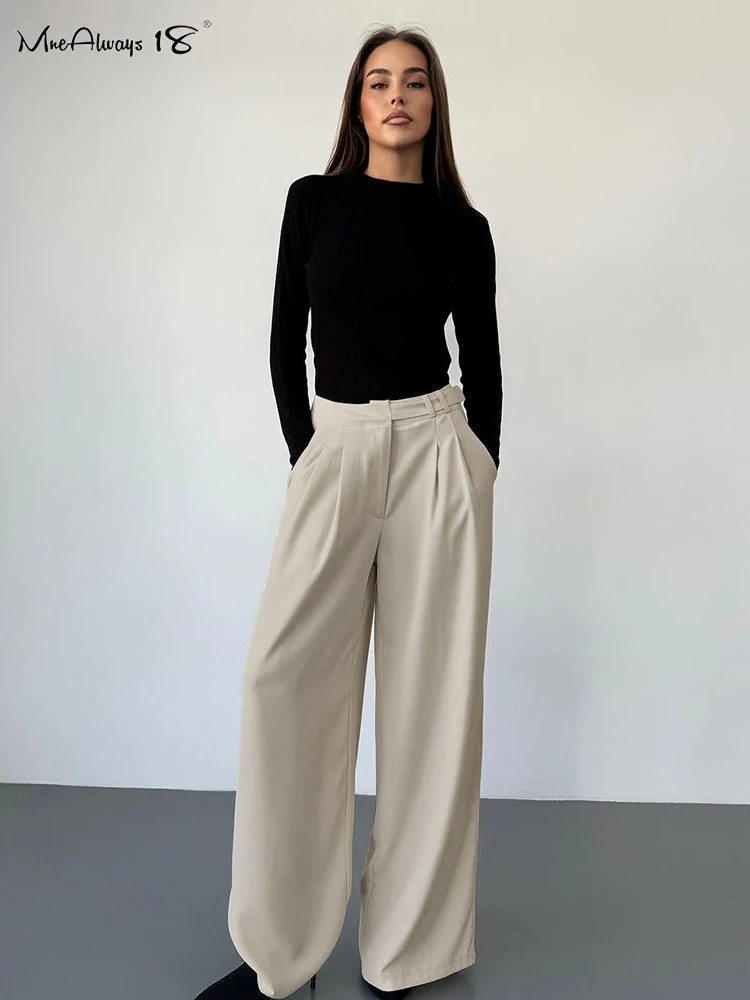 Mnealways18-Pantalon plissé à jambes larges pour femme, élégant, décontracté, taille haute, réglable, bureau, printemps 2025