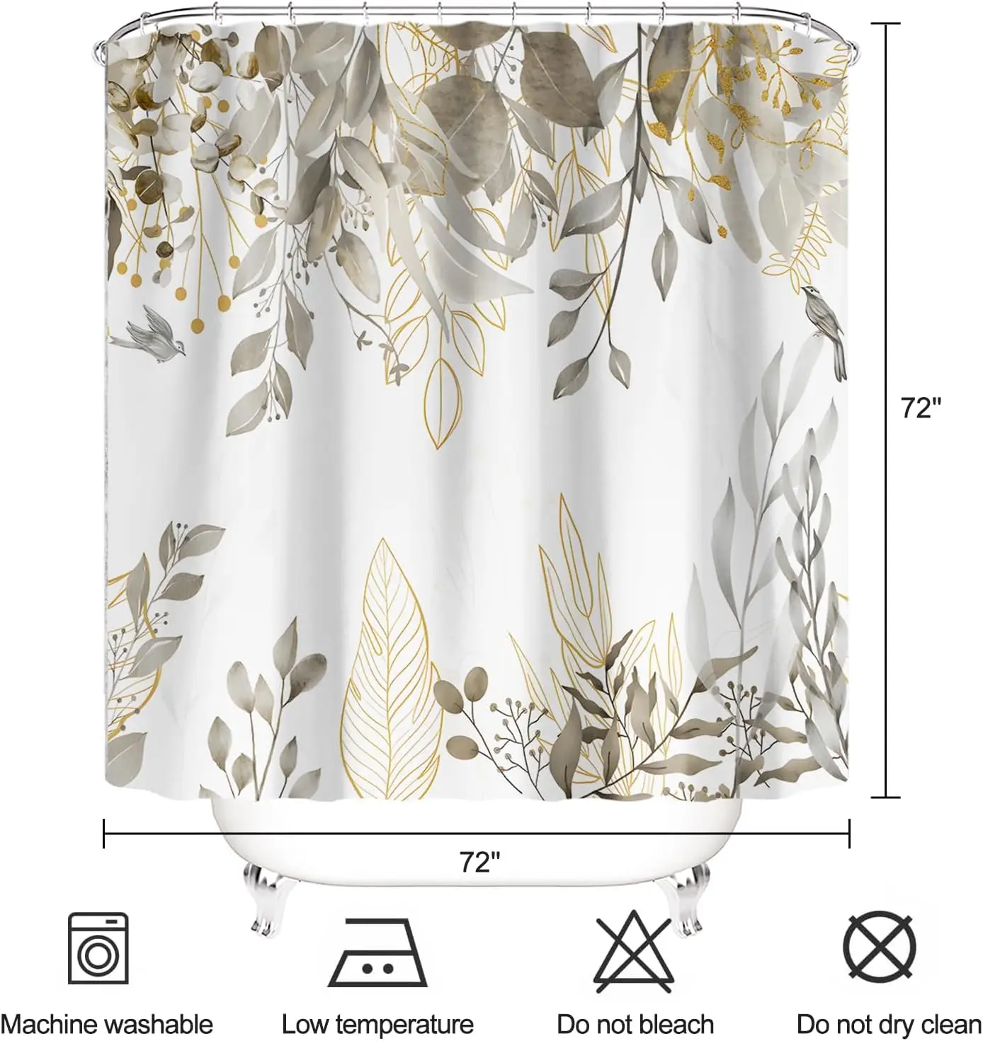 ستارة حمام بأوراق الأوكالبتوس باللون الرمادي، تصميم فروع كنس باللون البيج، ستارة حمام من القماش المقاوم للماء