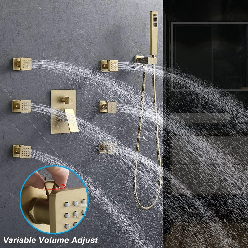 Brushed Gold 16Inch Ceiling Rain Shower Head Rainfall Shower Faucet Fixture Complete Shower System Set with Body Jets